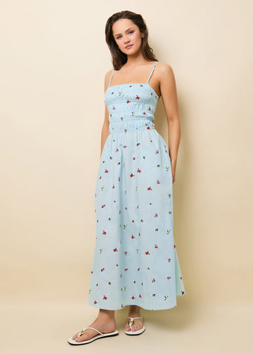 Delta Embroidered Midi Dress Sky Ditsy Floral