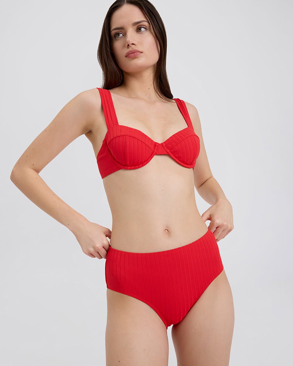 The Lilo Ribbed Bikini Bottom in Lipstick Red Solid Striped